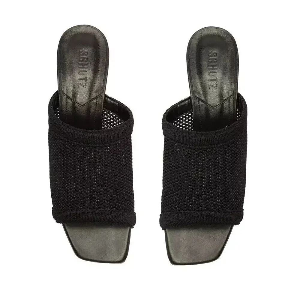 Schutz Sinara True Black Strap Slip On Open Toe Stiletto Mid Heeled‎ Sandals 7B
